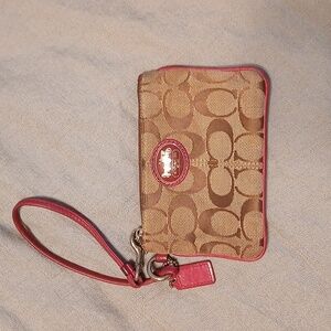Coach Signature C Brown and Burgundy Oxblood Vintage Fabric Wristlet